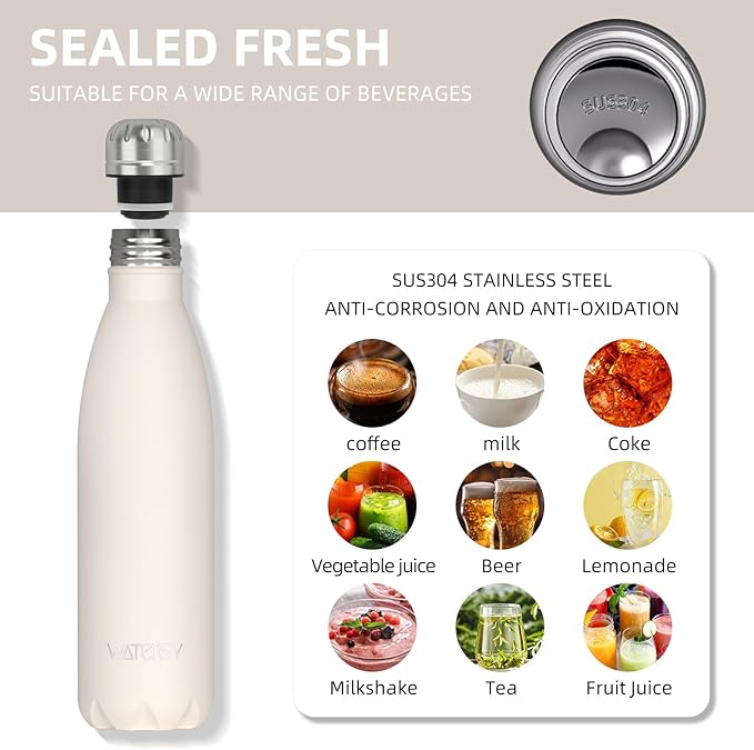 WATERSY Stainless Steel water bottles,17oz/500ml Insulated Water Bottles,Ivory Beige metal water bottle Keeps Drink Cold and Hot,BPA Free kids water bottles for School,Gym,Travel,Sports