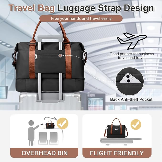 Weekender Bags for Women, Travel Duffel Bags with Shoe Compartment & Wet Pocket,Travel Bag for Airlines,Carry on Overnight Tote Bag for women with Toiletry Bag,3Pcs Set,Black & Brown