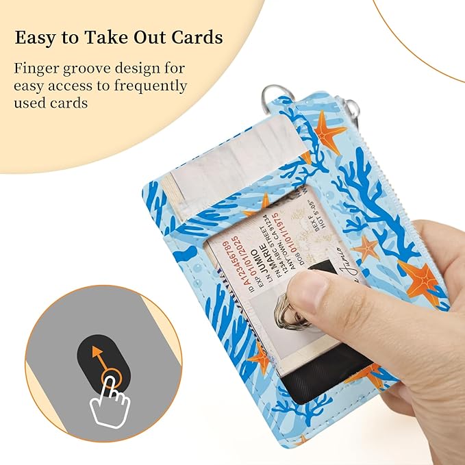 Hancynir Slim Wallet Women Credit Card Holder Ocean Sea Starfish Cute RFID Blocking Small Card Wallets Mini Front Pocket PU Leather Thin Travel Zipper Coin Cash Ladies Female Wallet Organizer Gifts