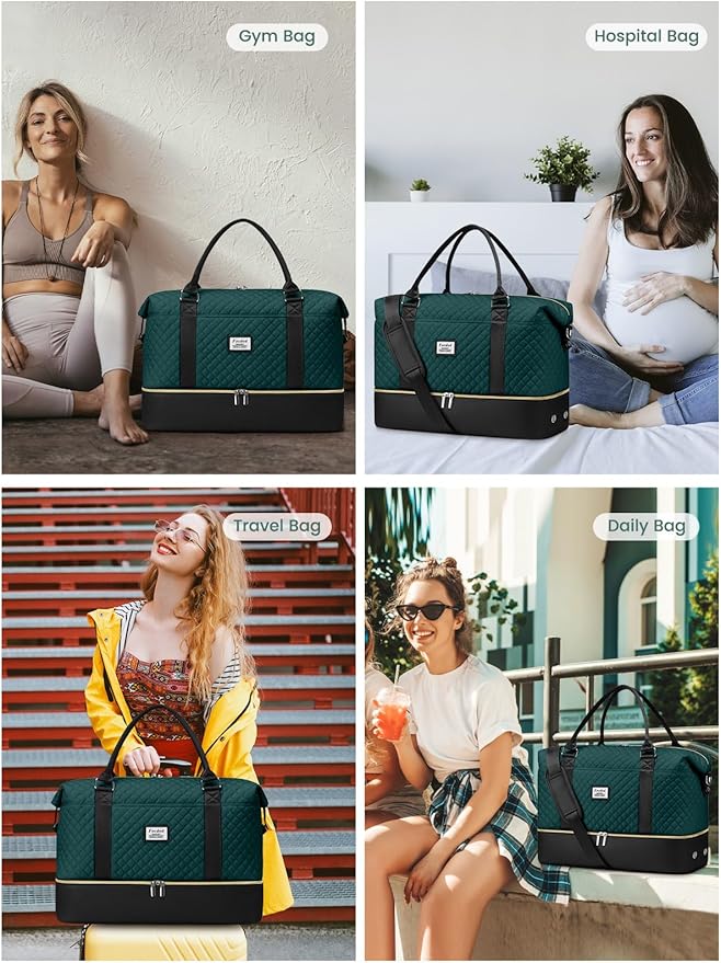 Travel Weekender Duffle Bags for Women: Overnight Bags with Shoe Compartment Large Carry on Weekend Bag with Toiletry Bag & Wet Pocket Tote Duffel Hospital Bag for Women Labor Delivery Black Green