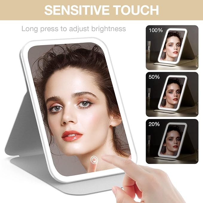 Kintion Travel Makeup Mirror, Portable LED Lighted Folding Mirror (White) | 60 LEDs, 3-Color Dimmable Rechargeable Tabletop Mirror, 360° Rotation Touch Screen Lighting Vanity Mirror