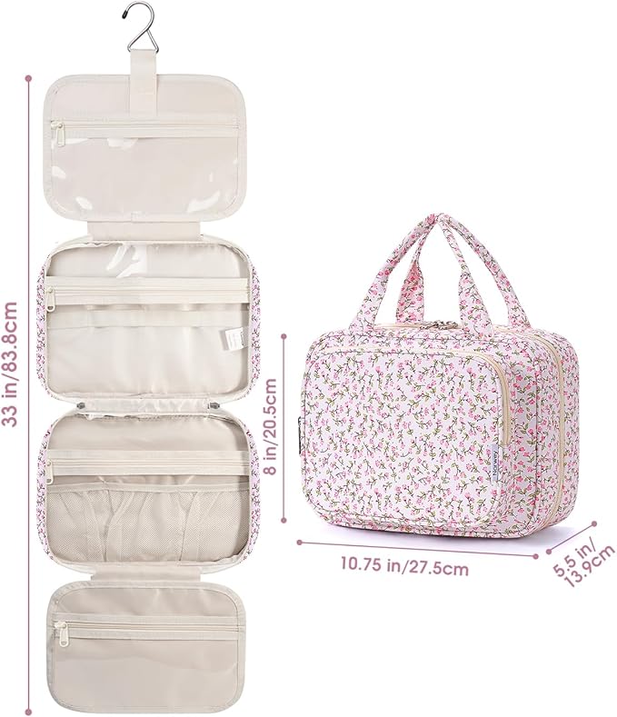Narwey Hanging Toiletry Bag for Women Travel Makeup Bag Organizer Toiletries Bag for Travel Size Essentials Accessories Cosmetics (Pink Flower (Medium))