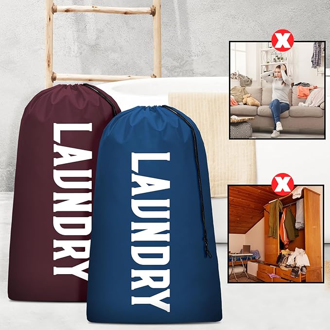 Laundry Bag, Travel Laundry Bag Machine Washable Dirty Clothes Organizer, Large Enough to Hold 4 Loads of Laundry, Easy Fit a Laundry Hamper or Basket (Wine+Navy, 24" x 36")