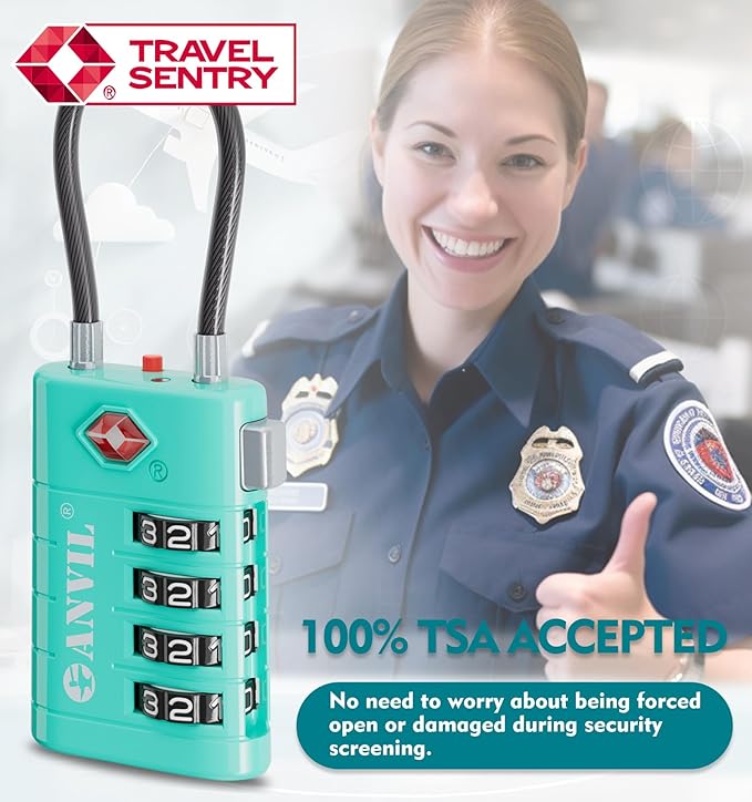 ANVIL 4 Digit Luggage Locks, TSA Locks for Luggage, Advanced TSA008 core, Alert Indicator for Your Travel Lock, Suitcase Lock.(3, Cyan)