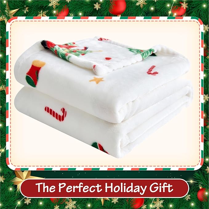 Christmas Blanket - White Holiday Throw with Santa Claus & Snowman - Warm Cozy Fleece Winter Blanket, 50x60 Inches,White