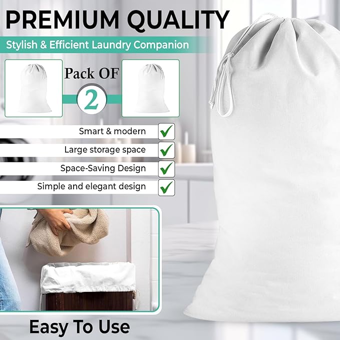2 Pack - Cotton Laundry Bag, Heavy Duty Large Laundry Bags 24 x 36 inch Drawstring Travel Organizer Bag Fit Hamper Basket Camp (WHITE, Pack of 2)