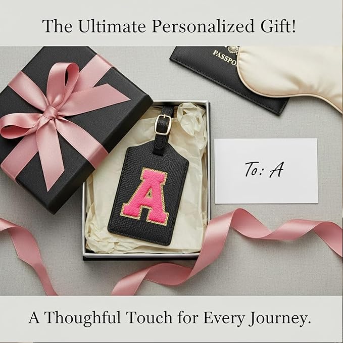 Initial Luggage Tag, PU Leather Luggage Tag, Embroidered Luggage Tag, Letter Luggage Tag, Monogrammed Luggage Tag, Luggage Tag for Baggage Bag Suitcase (A, Black Leather+Rose Red Letter)