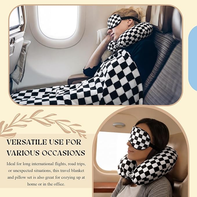 5 Pcs Travel Pillow and Blanket Set, 5 in 1 Travel Airplane Compact Includes 40 x 60 Inch Throw Blanket Eye Mask Neck Pillow Earplug and Bag Gifts for Travelers Women(Checkered,Black)
