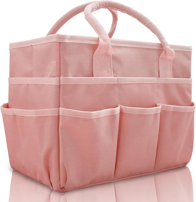 Cupohus Art Organizer Craft Storage Tote Bag with Pockets and Handles, Oxford Fabric Carrying Caddy for Teacher, Officer, Artist, Traveler, and more –Pink