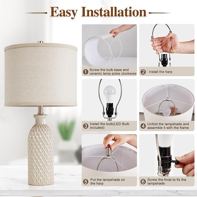 Luvkczc Modern Ceramic Table Lamp Set of 2, Adjustable Color Temperature | 24.8" Farmhouse Bedside Lamps, Nightstand Lamp Desk Reading Lamp for Bedroom, Living Room, Office, 2 Bulbs Included