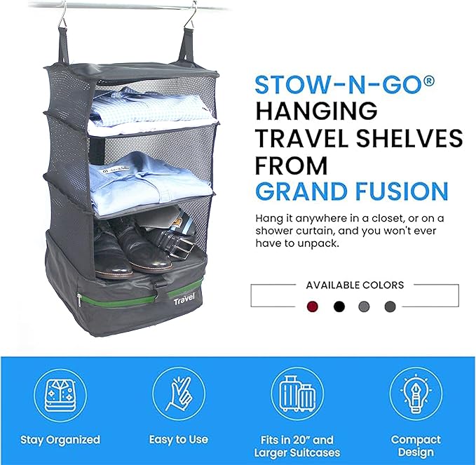Grand Fusion Stow-N-Go Packing Organizer for Luggage, Portable Hanging Travel Shelves, Carry-On Closet, Hanging Packing Cubes, Collapsible Carry-On Organizer for Cruises & Hotels. Dark Gray - L