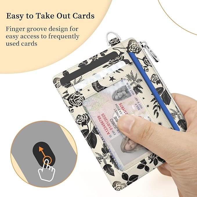 Hancynir Goth Moon Floral Slim Wallet Women Credit Card Holder Gothic Flower RFID Blocking Small Cute Card Wallets Mini Front Pocket PU Leather Thin Travel Zipper Coin Cash Ladies Female Wallet Gifts