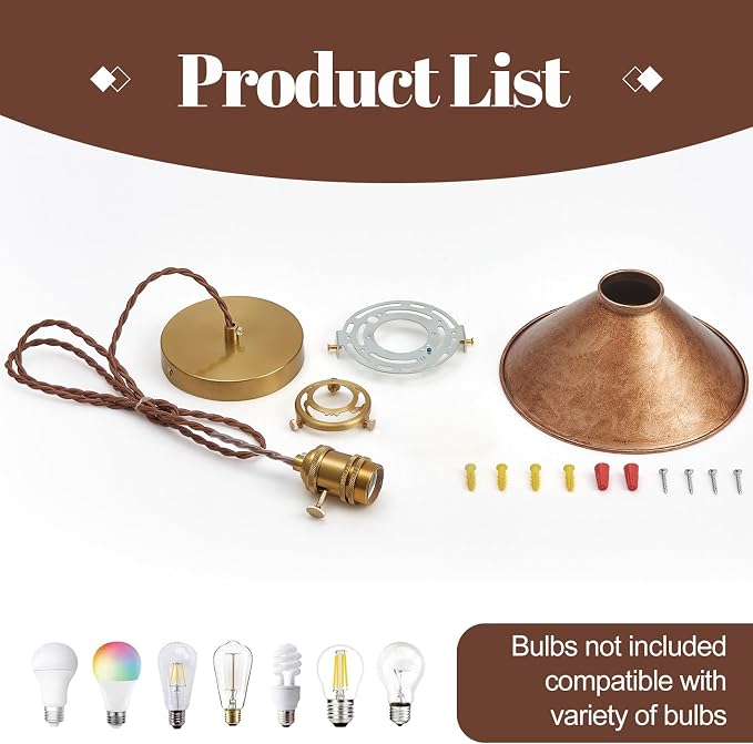 Hanging Pendant Light Rusted Copper Lampshade with Adjustable 6.5Ft Cord Pendant Ceiling Lights Retro Antique Hanging Light for Kitchen Island Living Room and Dining Room