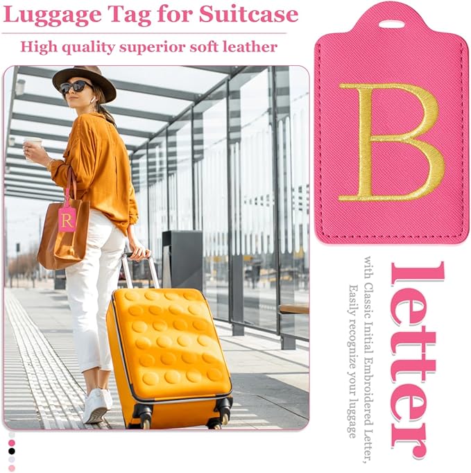 Personalized Initial Luggage Tags for Suitcases,Leather Letter Cute Luggage Tags with Privacy Name Card,Embroidered Monogrammed Travel Bag Backpack Tag Gifts for Women Kids Girls Teens(Rosered-B)