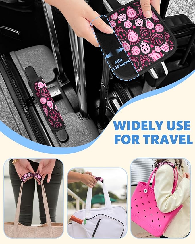 Slohif Luggage Handle Wrap 3Pcs Suitcase Identifier - Bag Strap Cover For Bogg Travel Accessories Easy Identification Bright Marker Sleeve Grips Comfort Neoprene Concealed Tag For Airport Pink Smile