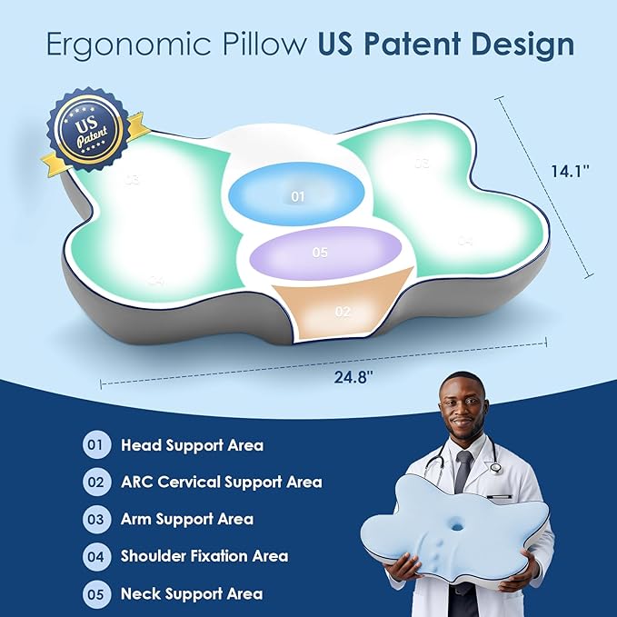 Cervical Neck Pillow for Pain Relief, Ergonomic Side Sleeper Pillow for Neck Support, Cooling Memory Foam Pillows Contour Orthopedic Bed Pillow for Back Stomach Sleepers (White)
