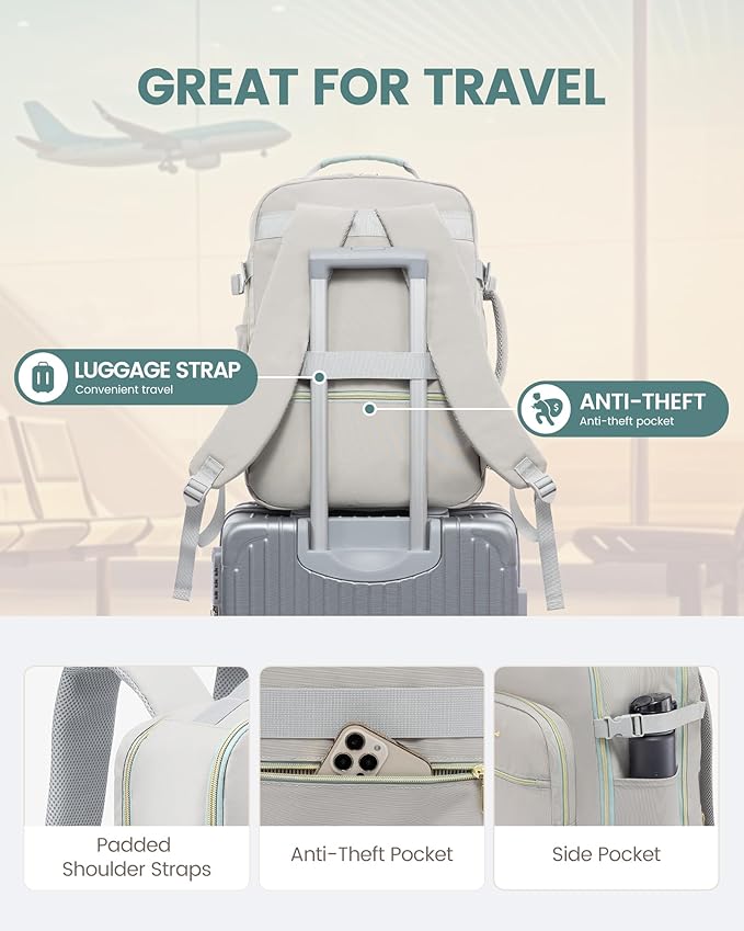 LOVEVOOK Travel Backpack for Women & Men 40L,Airline Approved Carry On Backpack Travel Essentials,TSA Carry on Luggage,Waterproof Personal Item Travel Bag,Suitcase with 3 Cubes,Light grey-Mint green