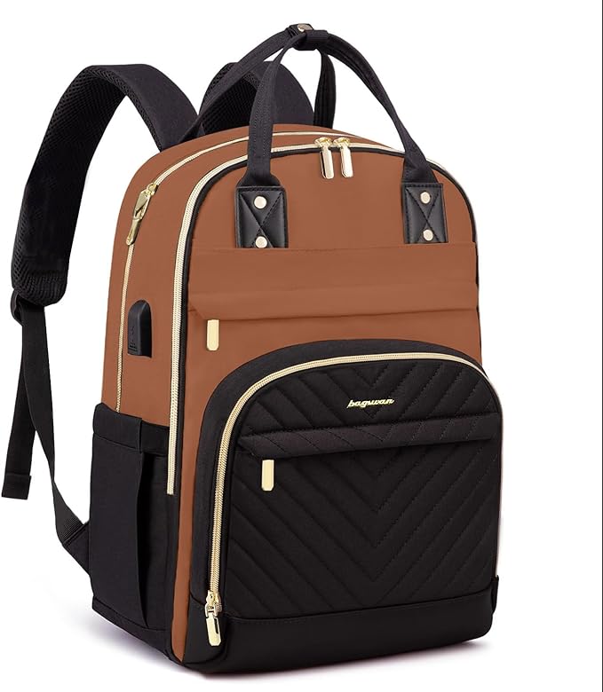Laptop Backpack for Women Work Bag - 15.6 inch Travel Backpack with USB Charger College Bookbag Waterproof Business Computer Backpack Anti-theft Casual Backpacks for Nurse Teacher Black Brown