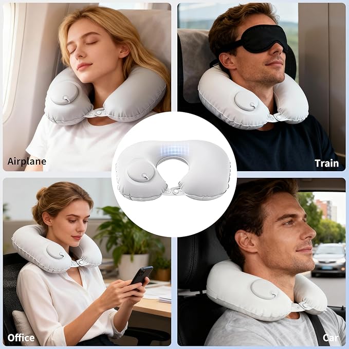 Inflatable Travel Neck Pillow - Portable Airplane Pillow for Flights, Adjustable Neck Support for Cars & Trains (Grey)