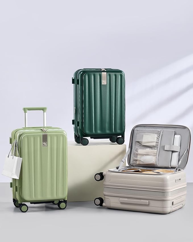 Hanke 20 Inch Expandable Carry On Luggage Airline Approved Top Opening Hard Shell Suitcases with Wheels Lightweight Travel Luggage Carry On Suitcase for Woman Men-Bamboo Green