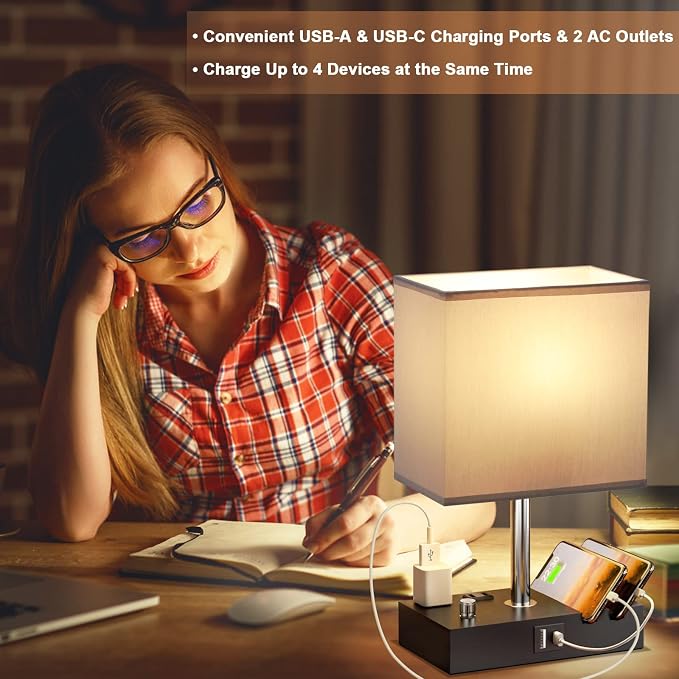 Grey Table Lamp for Bedroom - Stepless Dimmable, USB C+A, 2 AC Outlets | Dimming By Rotary Knob, USB C+A Ports, 2 Phone Stands, LED Bulbs Included, Rectangle Misty Grey Lampshade, for Living Room