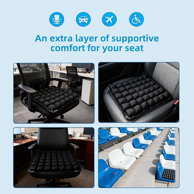 Inflatable Seat Cushion for Airplane: Coccyx Pressure Relief Sitting Cushion with 42 Interconnected Air Cells - Ergonomic Comfort Buttock Supports 380 lb for Travel/Wheel Chair/Car/Office/Stadium