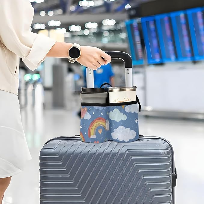 Blue Rainbow Hearts Clouds Stars Luggage Cup Holder Travel Portable Free Hand Drink Carrier Suitcase Drinks Beverage Holder Carry-On Bottle Mug Holder Organizer Bag Travelers Accessories