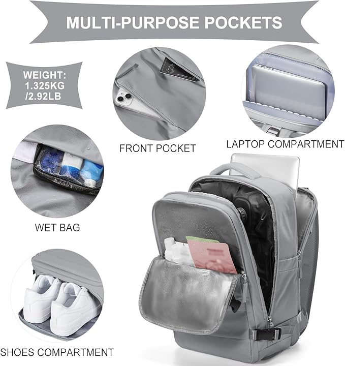 coowoz Vacuum Backpack Travel with Pump,Travel Backpack with Vacuum System For Women Men,Carry On Backpack,Hiking Backpack Waterproof Outdoor Sports Rucksack Casual Daypack,25L(Built-in Pump),Grey