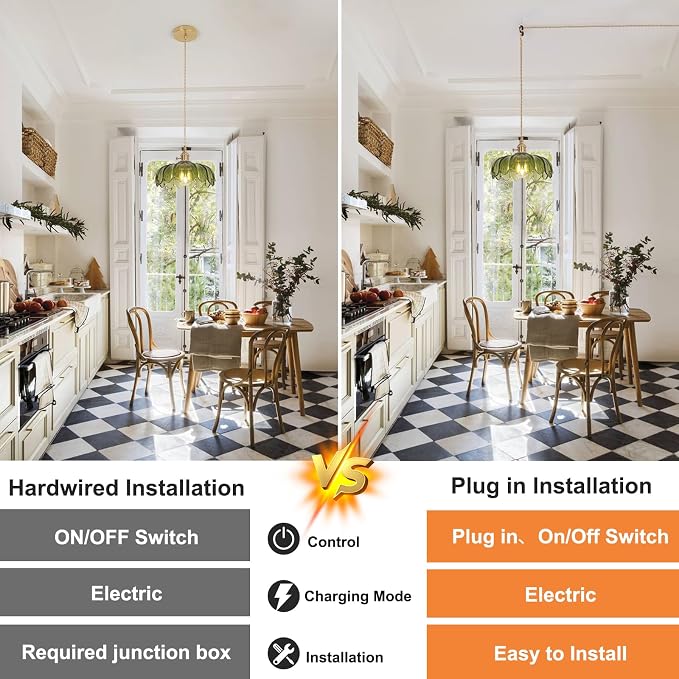 Shenmoyl Plug in Pendant Light Hanging Light Fixtures with Plugin Cord On/Off Switch,Green Scindapsus Glass Lampshade Brass Pendant Light