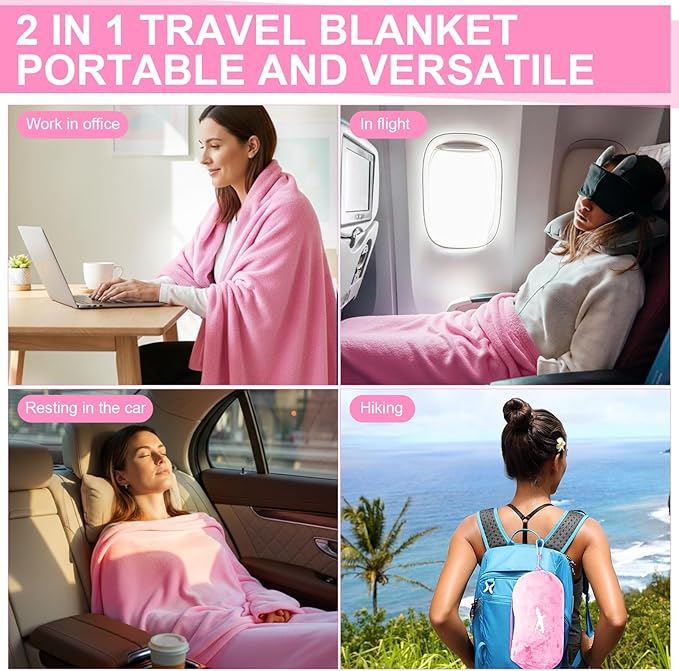 Peryiter 6 Sets Bulk Travel Blanket Pillows for Long Flight Sleeping 50 x 60 Inches Soft Flannel Packable Airplane Flight Blanket 2 in 1 Combo Warm Traveling Plane Essentials(Pink)