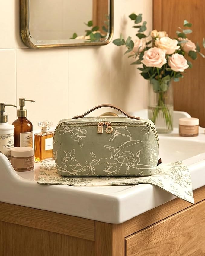 EACHY Travel Makeup Bag, Large Capacity Cosmetic Bags for Women, Waterproof Portable Pouch Open Flat Toiletry Bag Pattern Make up Bag (F-Green)