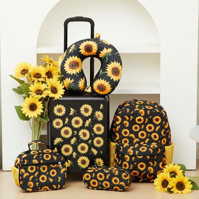Redbaker 17 Inch 6 Pcs Kids Luggage Set Kids Rolling Luggage Double Pattern Suitcase for Boys Girls (Black Yellow, Sunflower Style)