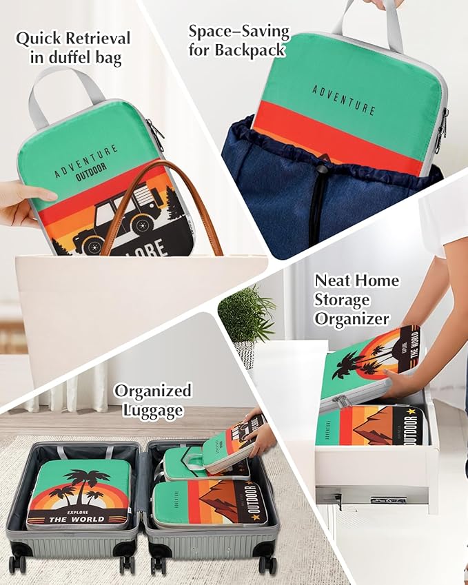 Gonex Compression Packing Cubes, 6pcs Expandable Storage Travel Luggage Bags Organizers with Shoe Bag Laundry Bag, Travel Cubes for Suitcase Carry On (Outdoor Exploration)