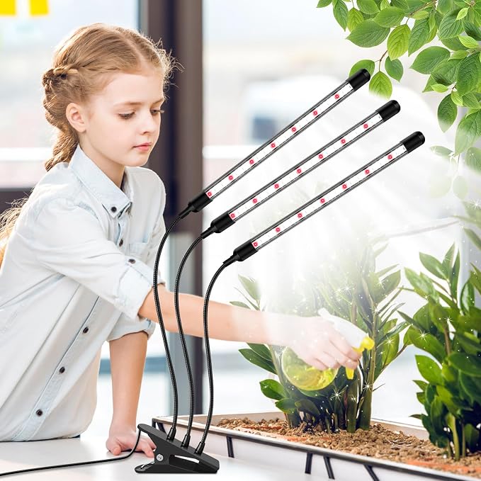 SDOVUERC Tri-Head Clip Grow Light for Indoor Plants, Full Spectrum with 6/12/18H Timer, 5 Dimmable Levels, 3 Spectrum Modes & 360ยฐ Gooseneck for Seedlings, Houseplants, Succulents