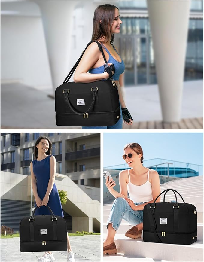 Weekender Travel Duffle Bag for Women: Overnight Bags with Shoe Compartment Carry on Bags for Airplanes with Toiletry Bag Weekend Yoga Gym Bag with Wet Pocket Travel Duffel Tote Bag Hospital Bag Black