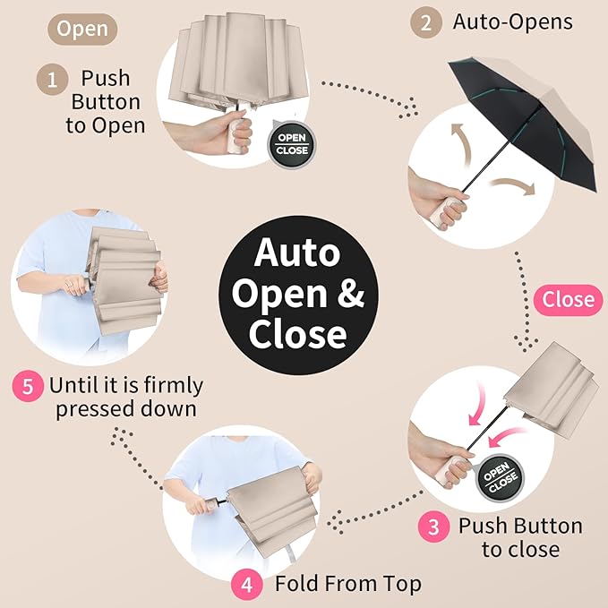 Compact Automatic Folding Travel Umbrella-Windproof Rainproof, PF50+ Sun Protection for Hiking,Outdoor,Chool,Golf Course & Daily Use,Sturdy Multi-Ribbed Frame