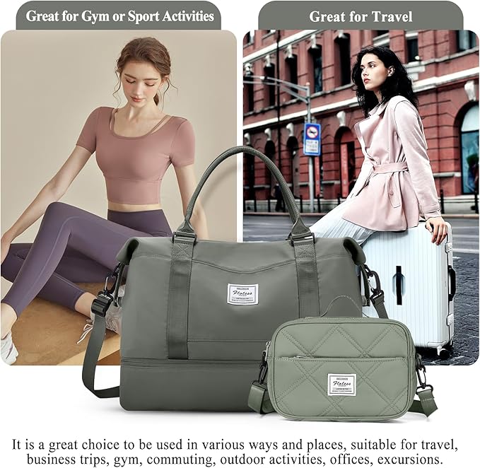 Weekender Bags for Women,Personal Item Travel Bag with Shoes Compartment,Overnight Travel Duffel Bag with Quilted Toiletry Bag,Olive Green