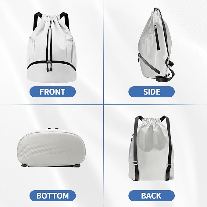 Drawstring Backpack Gym Bag with Shoes Compartment for Soccer, Basketball, Swim, Water-Resistant String Backpack Beach Cinch for Women Men, White