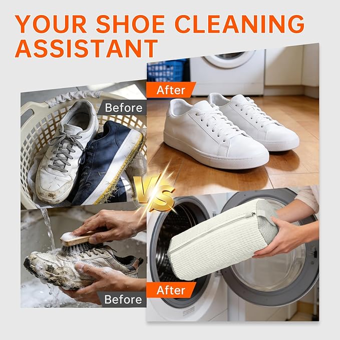 2PCS Shoes Washing Machine Bags, Laundry Shoe Bag for Washer and Dryer, Reusable and Durable Zipper Sneaker Shoe Washing Bag, Tennis Shoes Cleaning Bag for All Shoe Types (Ivory White)