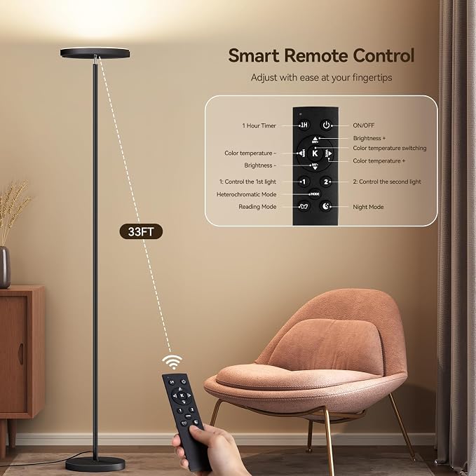 SUNMORY Floor Lamp for Living Room, 28W Bright LED Lamp with Remote Control | 1600lm Dimmable Rotatable Standing Light, 74" Tall Modern Reading Torchiere Uplighter for Bedroom Office Corner, Black