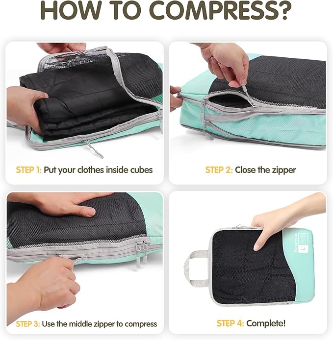 Compression Packing Cubes 8 Set, Dual Zipper Compression Packing Cubes for Travel, See-Through Mesh Packing Bags for Suitcases, Compression Cubes with Shoe Bag