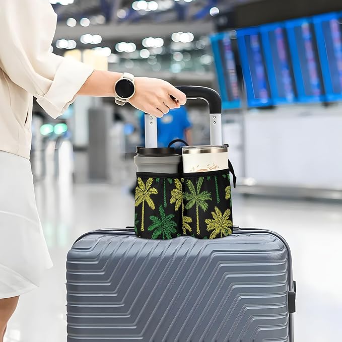 Luggage Cup Holder for Suitcases Free Hands Travel Cup Holder Portable Suitcase Cup Drink Holder Luggage Cup Caddy Bag Carrier Black Palms Green Yellow Tropical