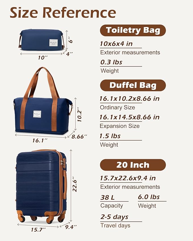 LONG VACATION 3 Piece Carry On Luggage 20 Inch Carryon Suitcase with Spinner Wheels, ABS+PC Hardshell Suitcase set with TSA Lock & YKK Zipper