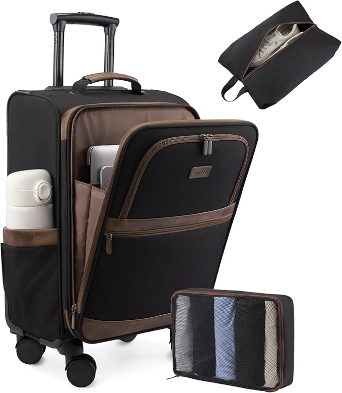 LOVEVOOK Carry On Luggage 22x14x9 Airline Approved,20 Inch Suitcases with Spinner Wheels,Softside Carry-on Suitcase with TSA Lock for Men Women Business Trip Weekender Travel,Black&brown