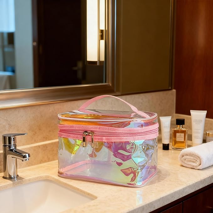 Waterproof Holographic Red PVC Makeup Bag with Handle - 8.66 * 5.51 * 5.51 inch Travel Cosmetic Organizer for Women Men Toiletry Pouch (Holographic Red-L)