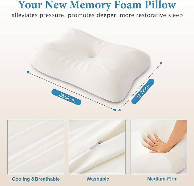Cervical Neck Pillow for Pain Relief, Odorless Memory Foam Pillow with Cooling Cover & Dual Height, Ergonomic Contour for Neck & Shoulder Support, for Side, Back & Stomach Sleepers