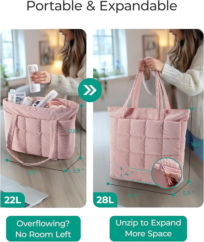 BAGSMART Expandable Tote Bag for Women, Puffer Work Tote Handbag, Quilted Carry On Bag for Travel Gym