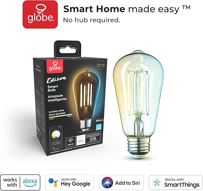 GLOBE Electric 34919 Wi-Fi Smart 5.5W (60W Equivalent) Straight Filament Tunable White Amber Glass LED Light Bulb, No Hub Required, Voice Activated, 2000K - 5000K, Vintage Edison Style, 500 Lumns
