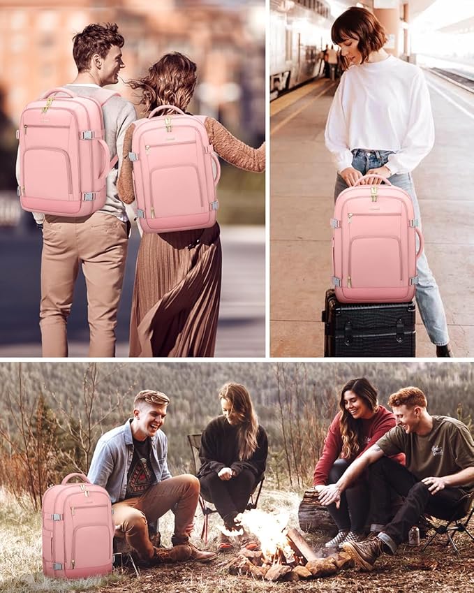 LOVEVOOK Travel Backpack For Women, 40L Carry On Backpack Flight Approved, TSA Personal Item Backpack Fits 17 Inch Laptop, Business Weekender Overnight Waterproof Daypack With 2 Packing Cubes, Pink
