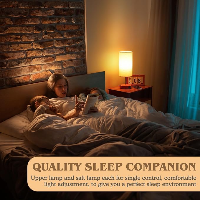 UNIFUN Touch Bedside Lamps 2 Pack, 4-Way Dimmable with USB-C Charging Port | 4-Way Touch Dimmable Control,USB-A and Type-C ports,Natural wood base paired with a soft linen fabric shade,Warm Minimalist